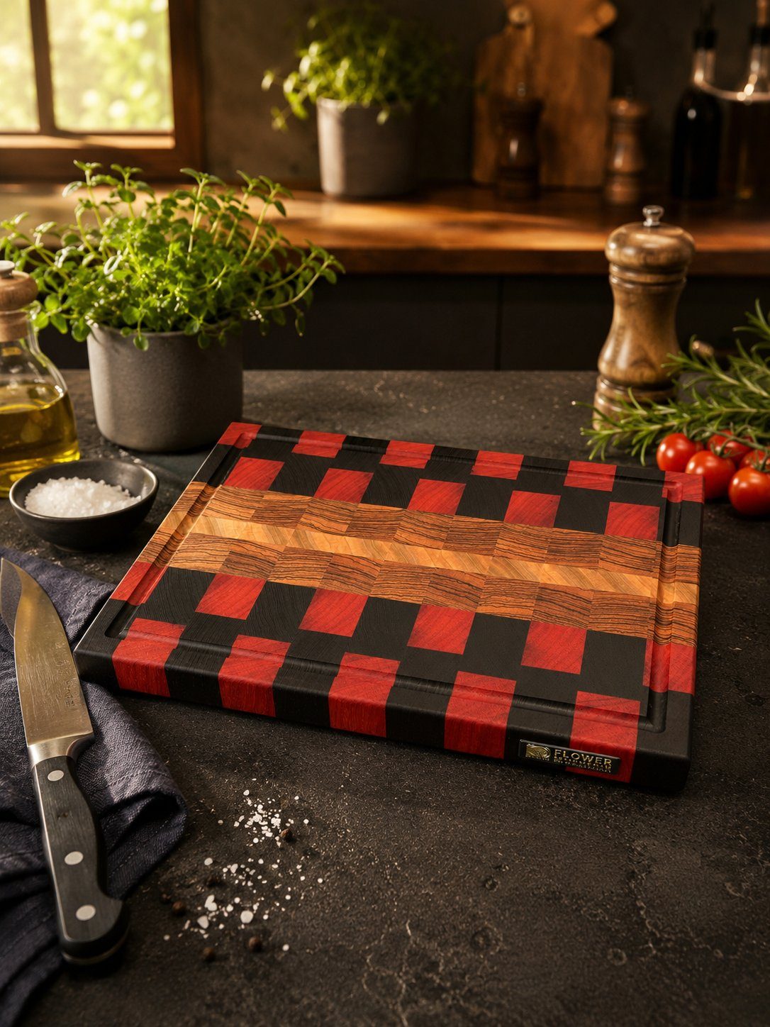 XXL-Schneideboard aus Wenge, Padouk, Tulpenbaum und Zebrano in einer dunklen Küche